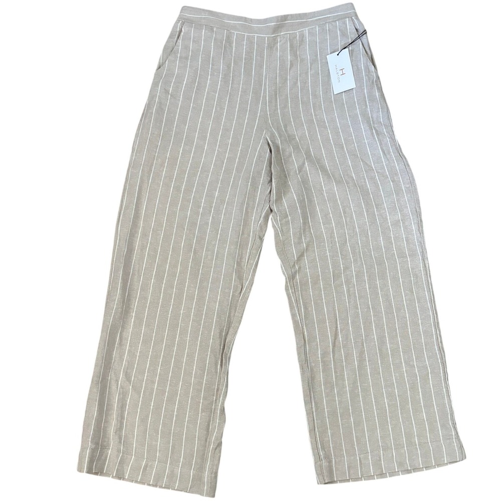 NWT Halston Linen Blend Wide Leg Cropped Pants Sz L Beige White Pinstripe